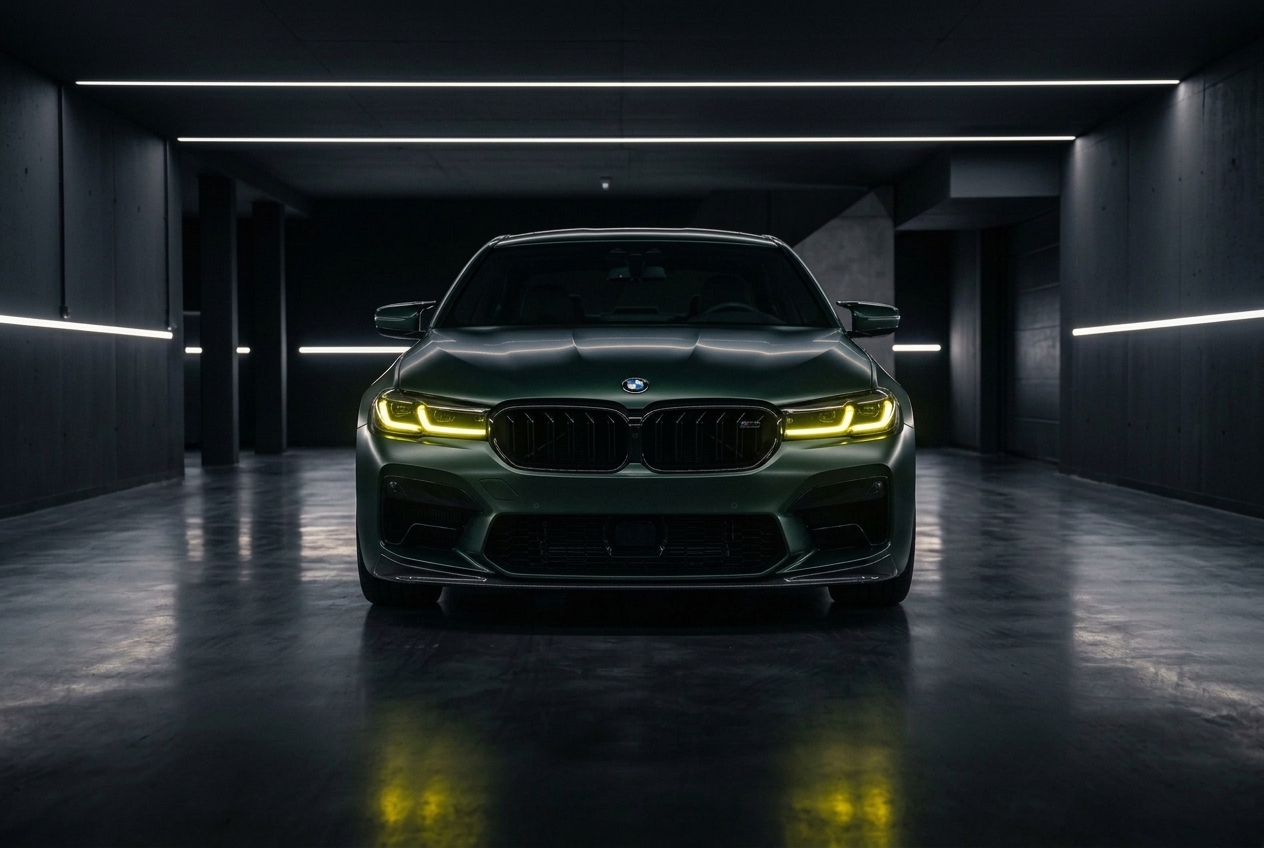 BMW M5 LCI berlina verde opaco con i fari DRL LED gialli accesi in un garage scuro